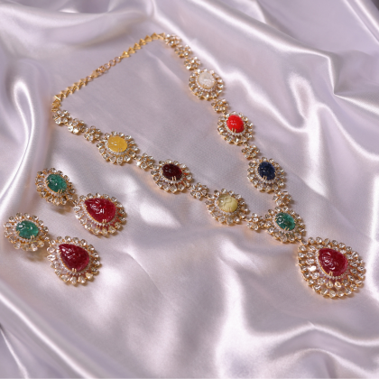 Navratna Carved Ruby & Emerald Polki Earrings | Santosh Ji Jewellers Moradabad